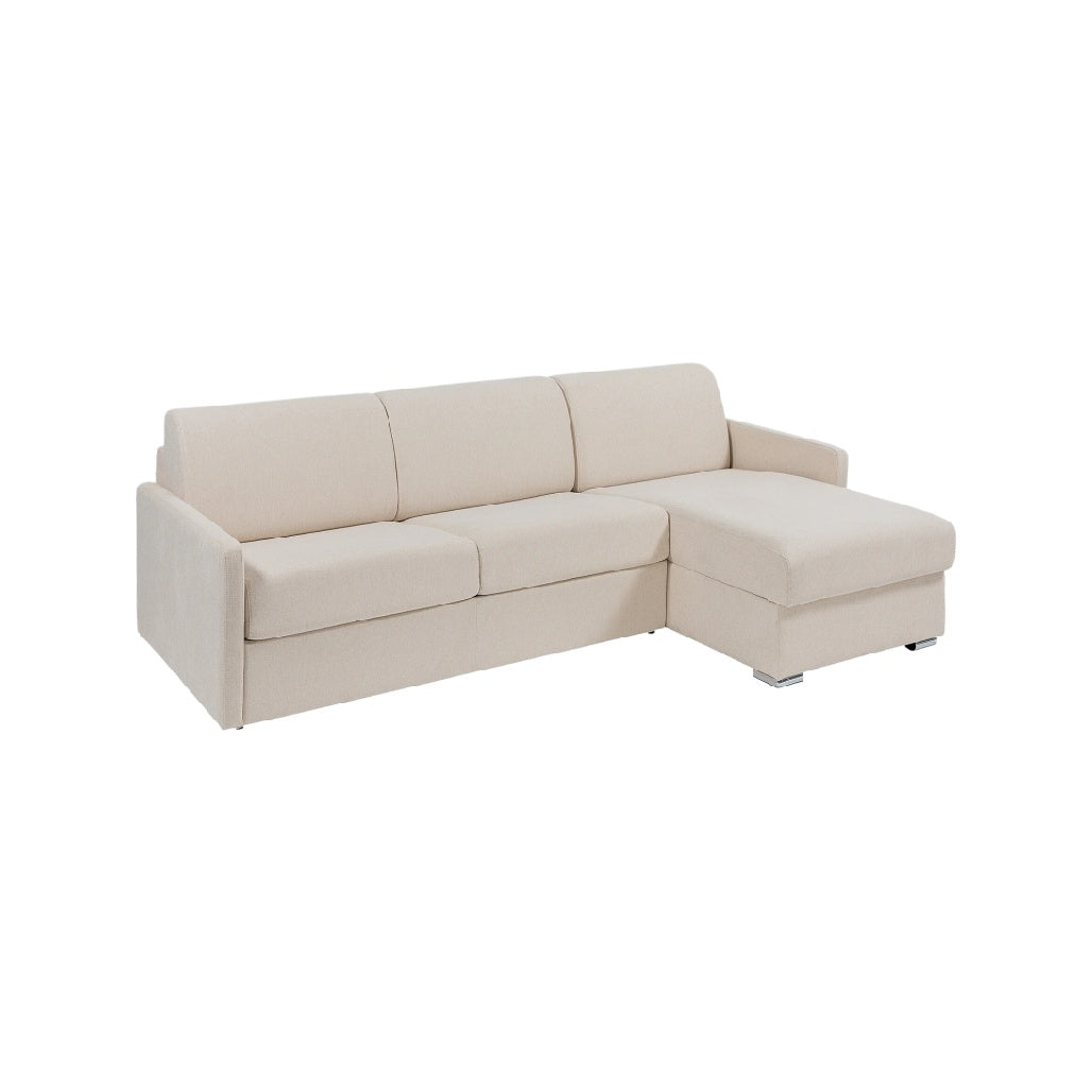 Canapé d'angle moderne en tissu beige avec repose-pieds.