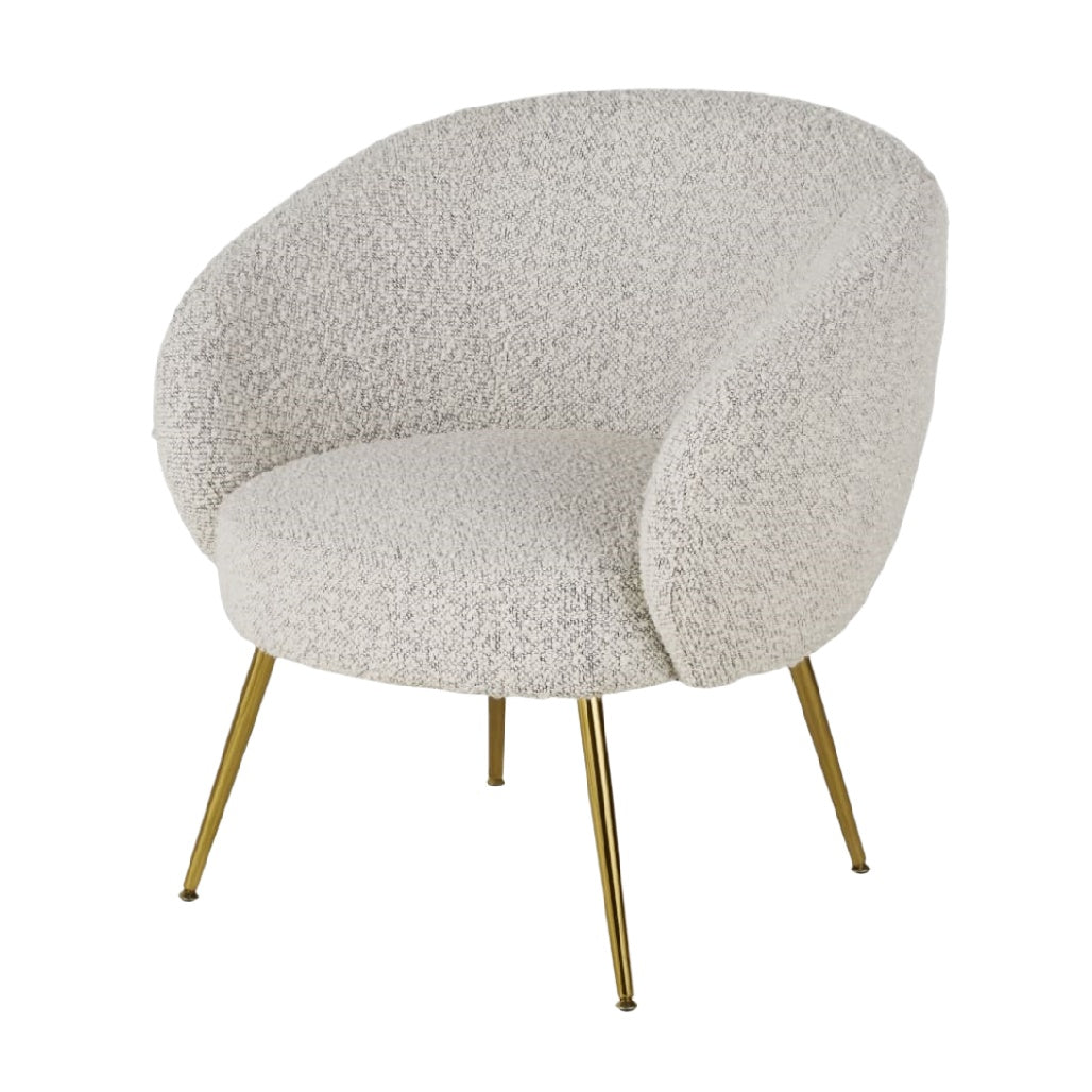 Fauteuil cosy en tissu bouclé blanc avec pieds en métal doré