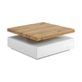 Table basse contemporaine en bois naturel et blanc.