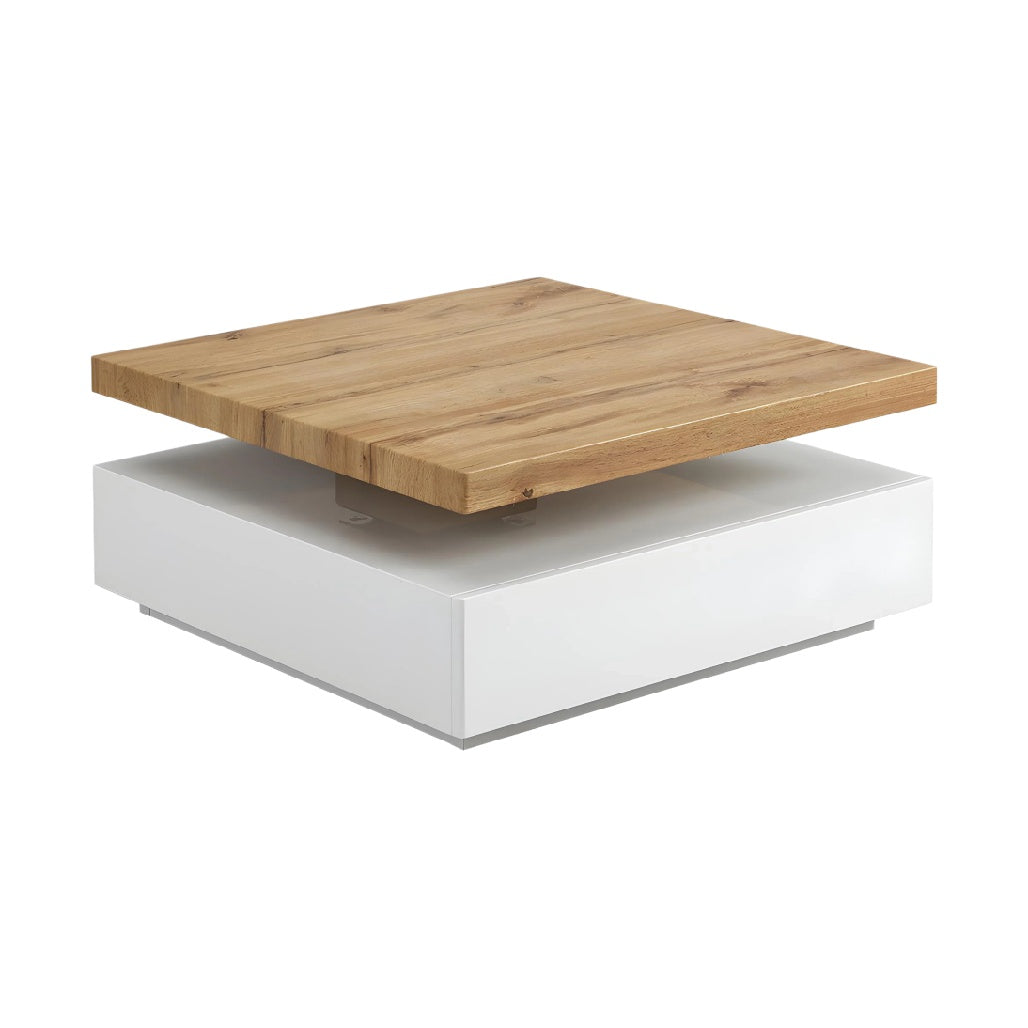 Table basse contemporaine en bois naturel et blanc.