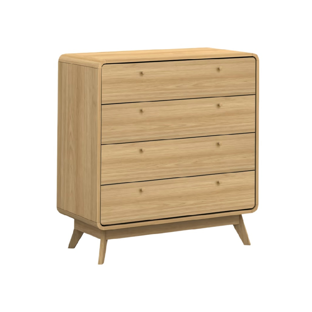 Titre technique en français : "Commode en bois clair avec quatre tiroirs"